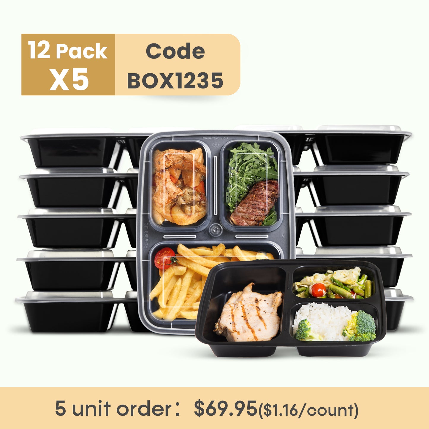 Meal Prep Containers Bento Box 12-pc. 3-Compartment Container Set
