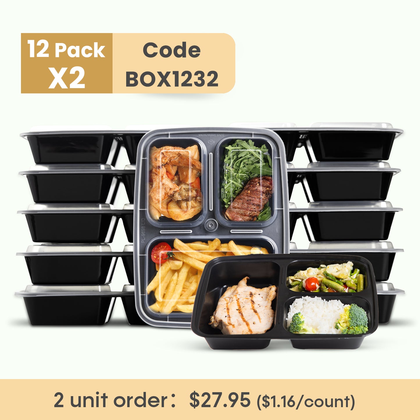 Meal Prep Containers Bento Box 12-pc. 3-Compartment Container Set